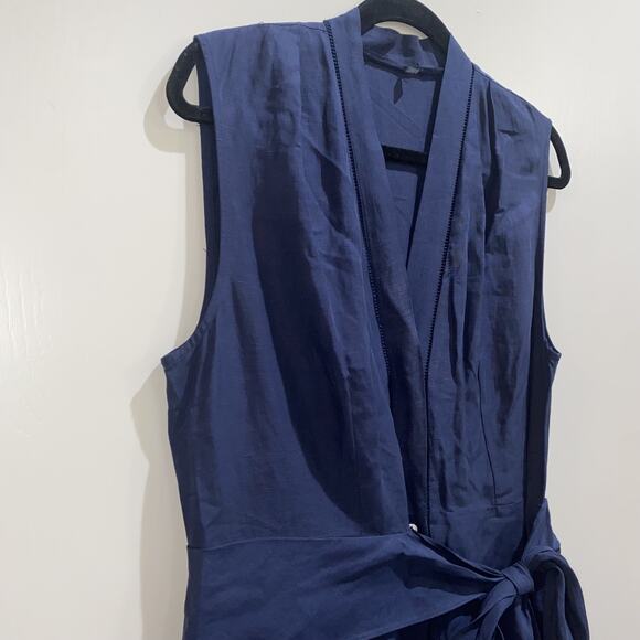 KOBI HALPERIN Sz L MSRP $398 Anna Tiered Linen Blend Midi Dress Navy Tie Back - Picture 4 of 15